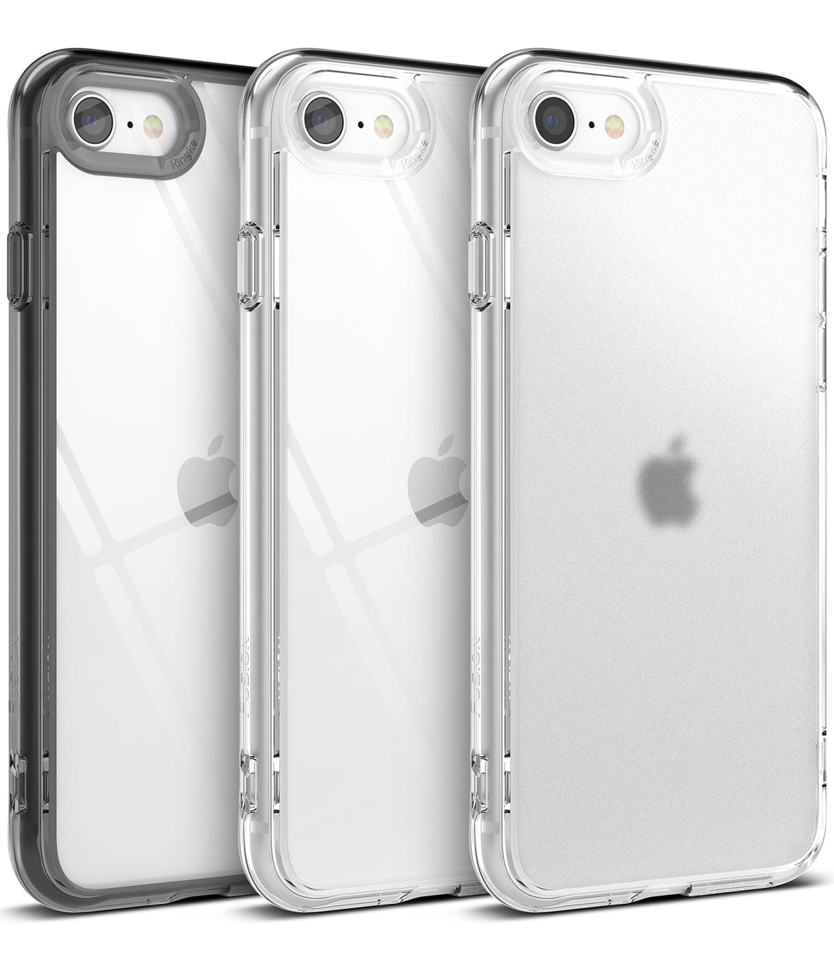 iPhone SE 2022 5G / SE 2020 / 8 / 7 Case | Fusion Edge - Three iPhone cases in black, clear, and matte clear finishes.