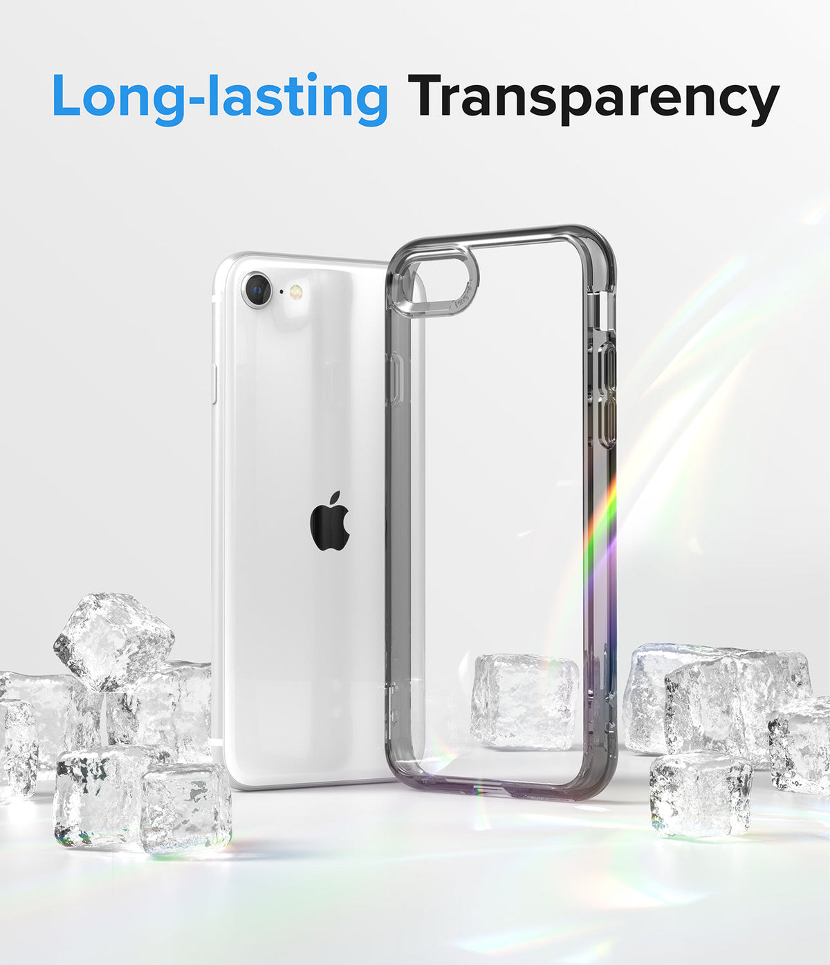 iPhone SE 2022 5G / SE 2020 / 8 Case | Fusion - A clear phone case and white iPhone standing among ice cubes with light refraction.