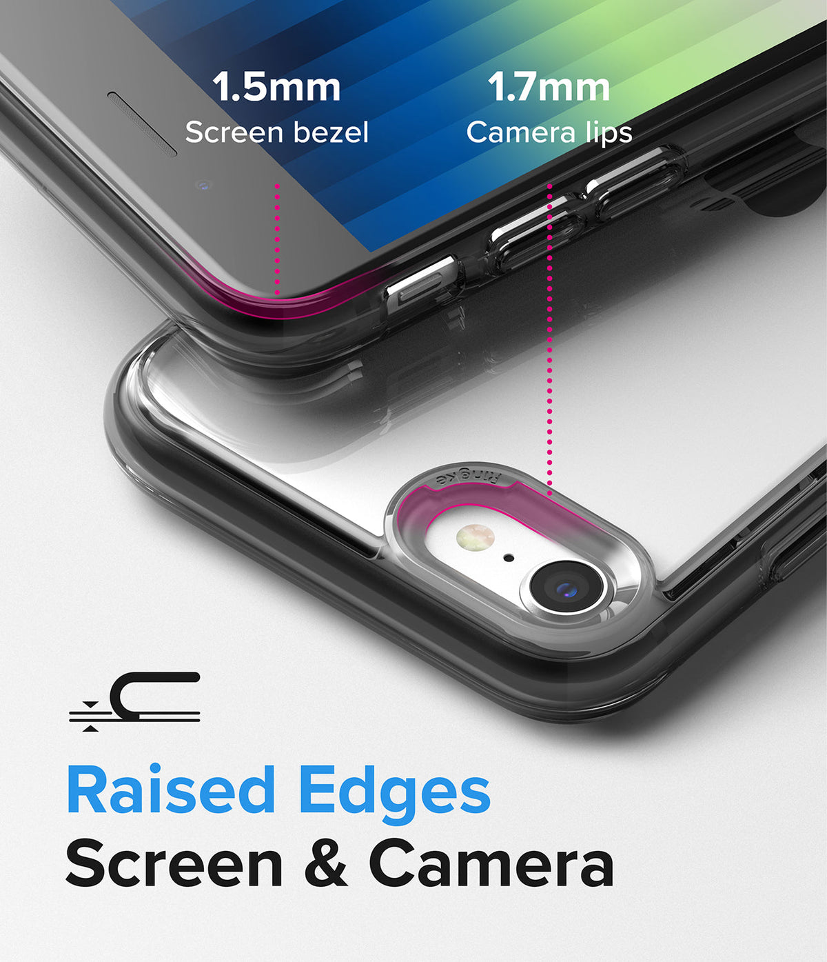 iPhone SE 2022 5G / SE 2020 / 8 Case | Fusion - Clear phone case showing 1.5mm screen bezel and 1.7mm camera lip protection.