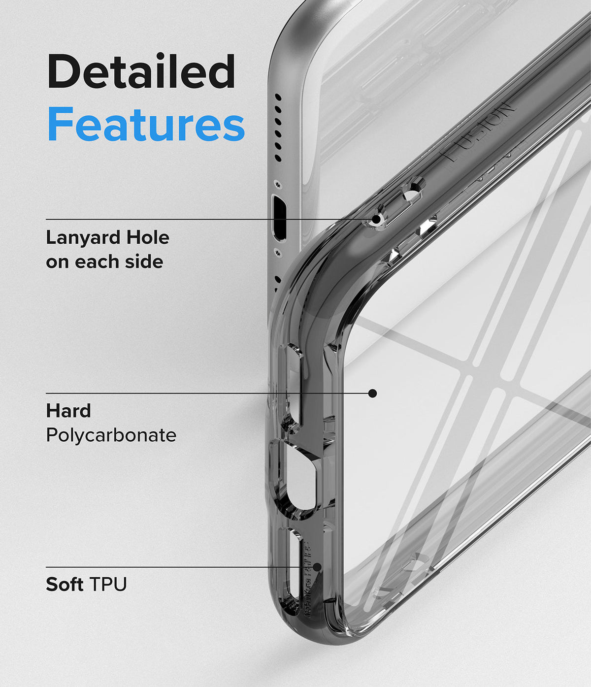 iPhone SE 2022 5G / SE 2020 / 8 Case | Fusion - Close-up of phone case highlighting lanyard holes, polycarbonate back, and TPU frame.