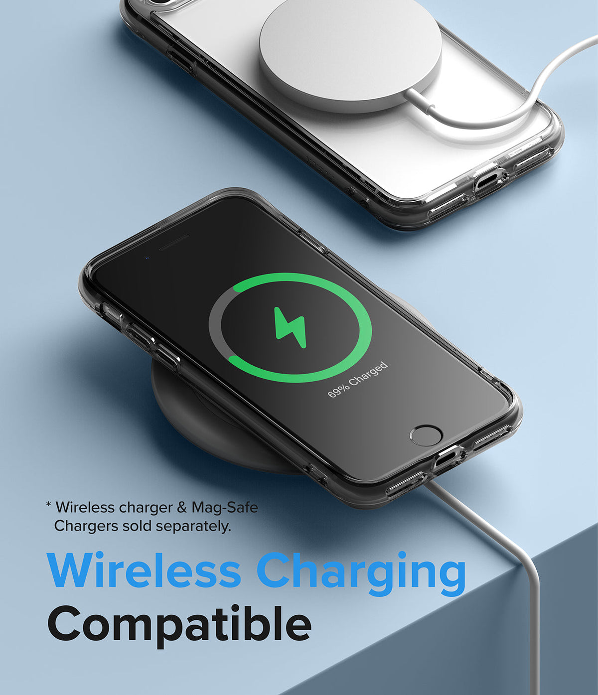 iPhone SE 2022 5G / SE 2020 / 8 Case | Fusion - Clear phone case on an iPhone wirelessly charging on a blue surface.