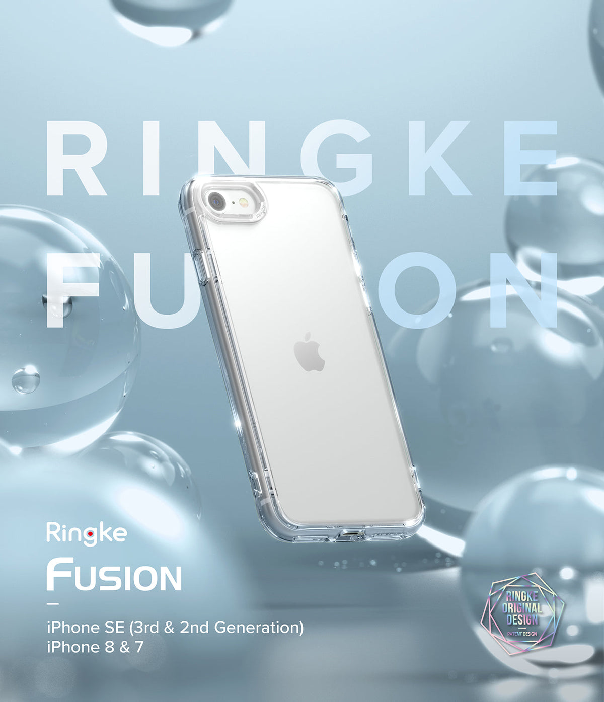 iPhone SE 2022 5G / SE 2020 / 8 Case | Fusion - Clear protective phone case floating against a blue background with bubbles.