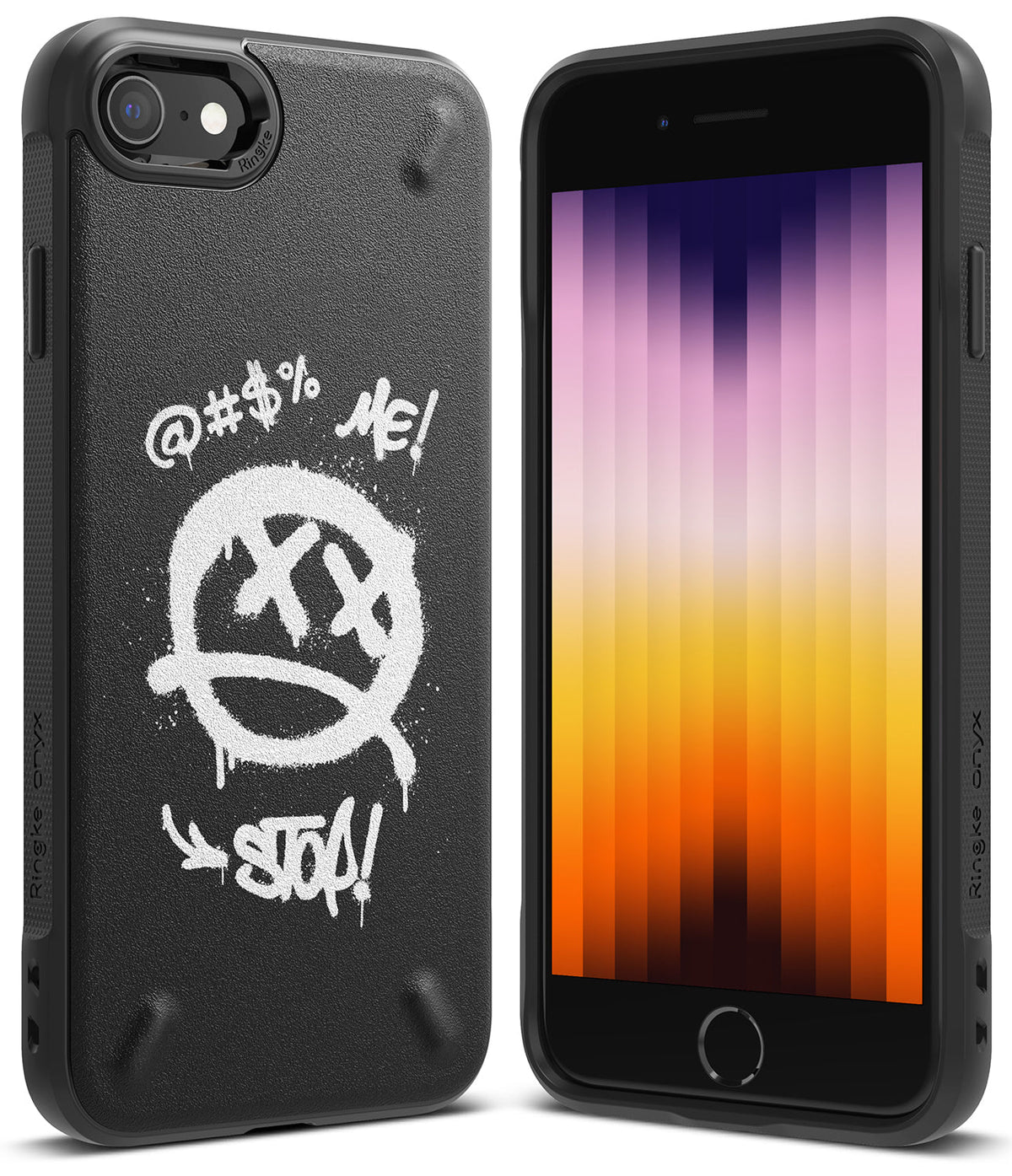 iPhone SE 2022 5G / SE 2020 / 8 / 7 Case | Onyx Design - Black phone case with white graffiti smiley face and text.