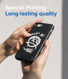 iPhone SE 2022 5G / SE 2020 / 8 / 7 Case | Onyx Design - Hands holding a black phone case with a white graffiti-style smiley face.