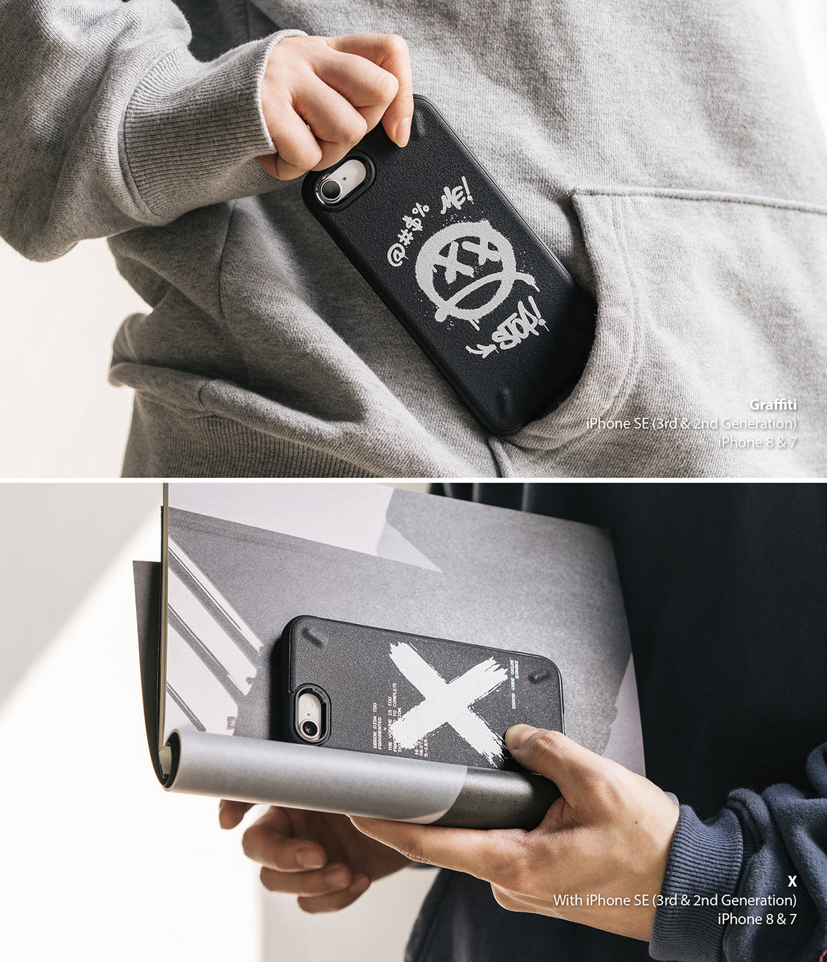 iPhone SE 2022 5G / SE 2020 / 8 / 7 Case | Onyx Design - Two black phone cases with white graffiti and X designs.