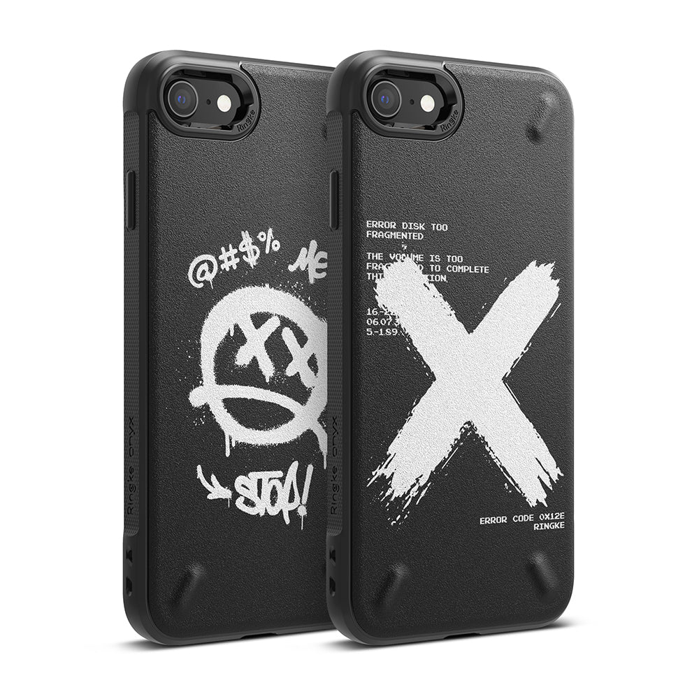 iPhone SE 2022 5G / SE 2020 / 8 / 7 Case | Onyx Design - Two black phone cases with white graffiti-style graphics and text.