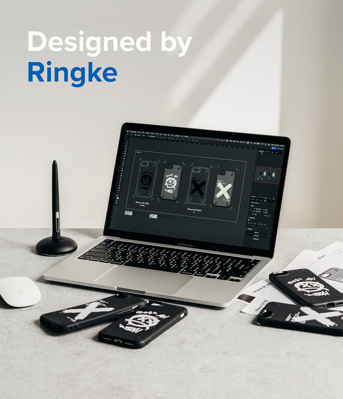 iPhone SE 2022 5G / SE 2020 / 8 / 7 Case | Onyx Design - Laptop displaying phone case designs with physical cases on a desk.