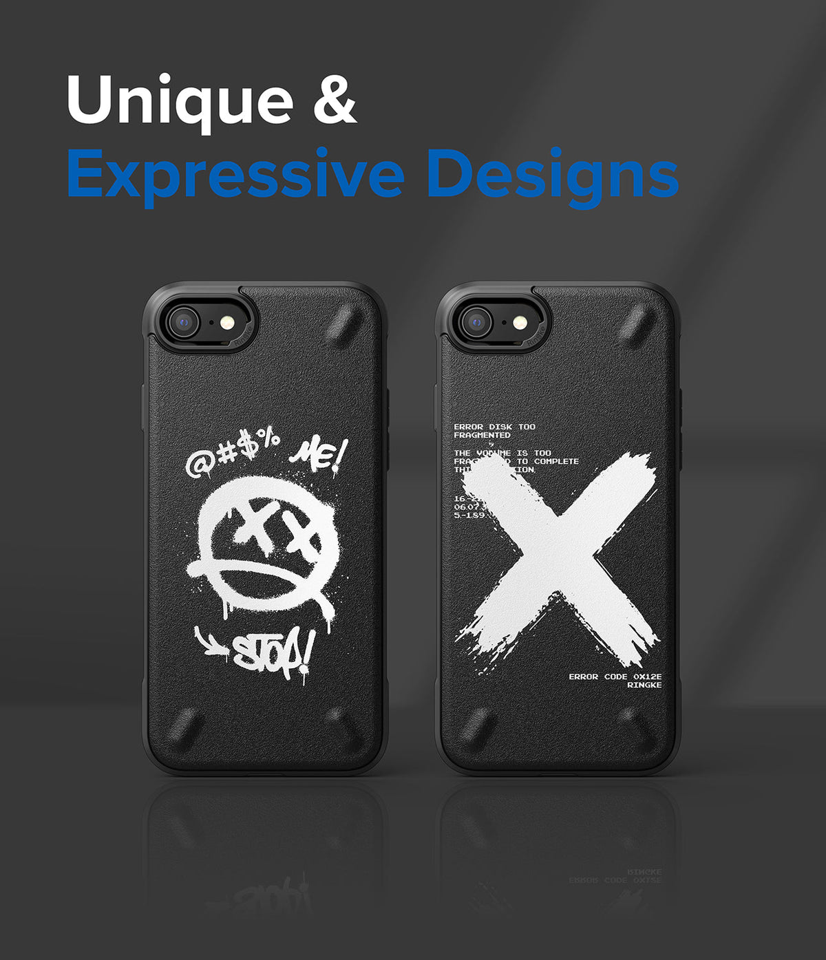 iPhone SE 2022 5G / SE 2020 / 8 / 7 Case | Onyx Design - Two black phone cases with white graffiti-style graphics on a gray background.