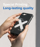 iPhone SE 2022 5G / SE 2020 / 8 / 7 Case | Onyx Design - Hands holding a black phone case with a white brushstroke X design.