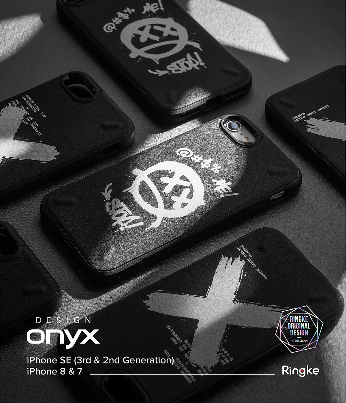 iPhone SE 2022 5G / SE 2020 / 8 / 7 Case | Onyx Design - Black phone cases with white graffiti-style graphics arranged on a dark surface.