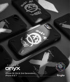 iPhone SE 2022 5G / SE 2020 / 8 / 7 Case | Onyx Design - Black phone cases with white graffiti-style graphics arranged on a dark surface.
