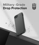 iPhone SE 2022 5G / SE 2020 / 8 / 7 Case | Onyx - Black phone case floating above a surface with debris and military-grade text.