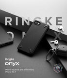 iPhone SE 2022 5G / SE 2020 / 8 / 7 Case | Onyx - Black textured phone case for iPhone SE, 8, and 7 with earbuds nearby.