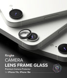 iPhone 17e / 16e | Camera Lens Frame Glass - iPhone 17e / 16e - Camera lens frame glass protector being applied to the camera lens of a white smartphone.