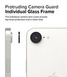 iPhone 17e / 16e | Camera Lens Frame Glass - iPhone 17e / 16e - Individual glass camera lens protector shown being applied to a white smartphone back.