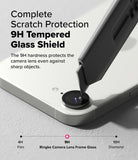 iPhone 17e / 16e | Camera Lens Frame Glass - iPhone 17e / 16e - A utility knife blade presses against a phone camera lens protector, demonstrating 9H scratch resistance.