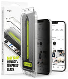 iPhone 17e / 16e Screen Protector | Easy Slide Privacy Tempered Glass - iPhone 17e / 16e Screen Protector - Privacy glass installation kit with alignment tool and two phones showing screen tint.
