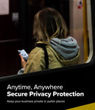 iPhone 17e / 16e Screen Protector | Easy Slide Privacy Tempered Glass - iPhone 17e / 16e Screen Protector - Woman in a hoodie using a smartphone on a train with text about privacy protection.