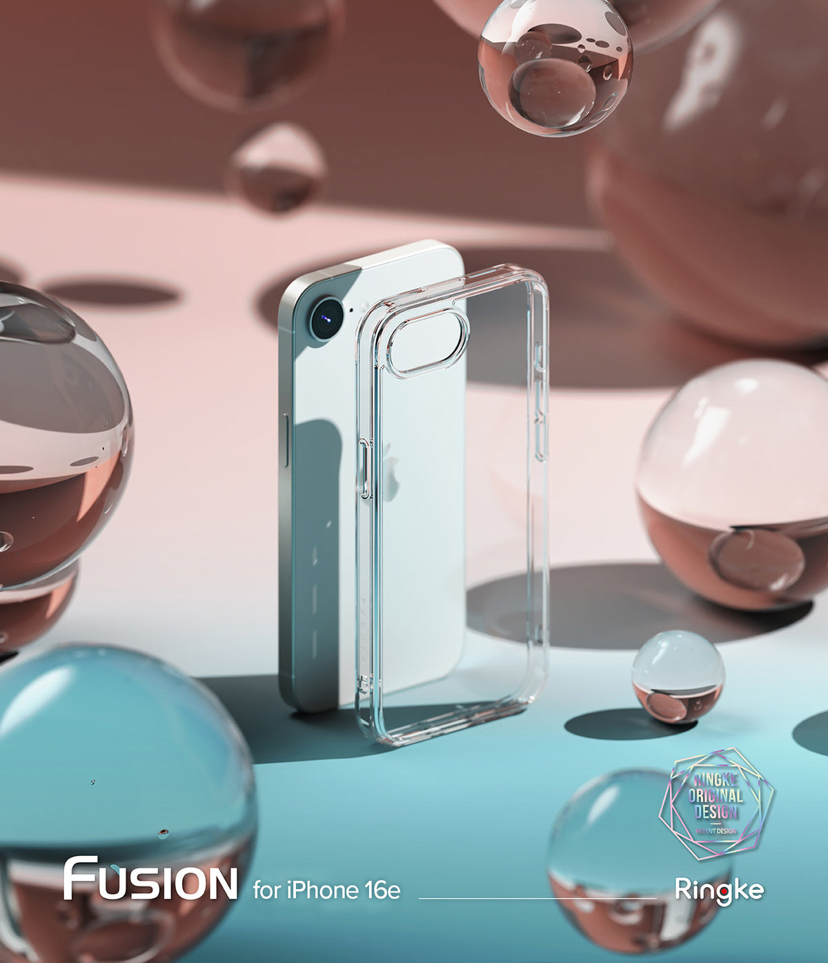 iPhone 16e Case | Fusion - A clear protective phone case standing next to a white iPhone 16e amidst floating glass spheres.