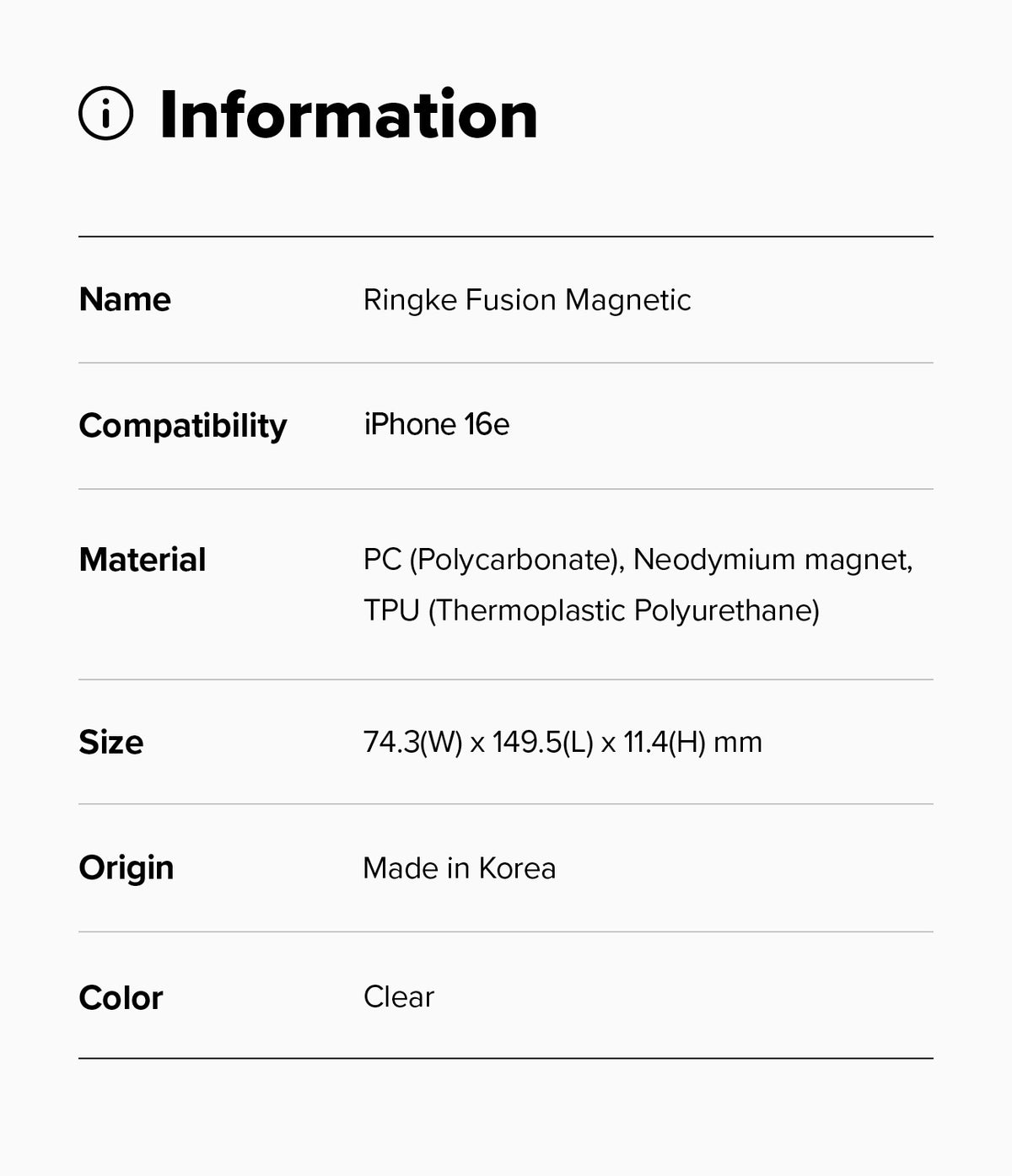 iPhone 16e Case | Fusion Magnetic - Information table listing product name, compatibility, materials, size, origin, and color.