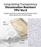 iPhone 16e Case | Fusion Magnetic - Comparison of yellowed old TPU versus clear new TPU material for phone cases.
