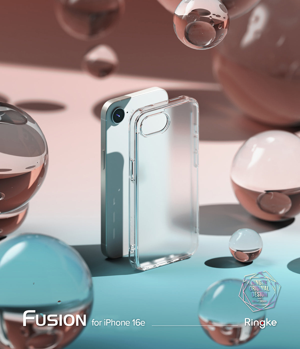 iPhone 16e Case | Fusion Matte - A matte clear phone case standing beside an iPhone 16e amidst floating glass spheres.