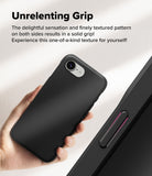iPhone 16e Case | Onyx - Hand holding a black textured phone case next to a close-up of the side grip pattern.