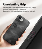 iPhone 16e Case | Onyx - A hand holds a black camo-patterned phone case with a textured grip next to a close-up of the side button.