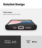 iPhone 16e Case | Onyx - Bottom view of a black phone case showing precise speaker and charging port cutouts.