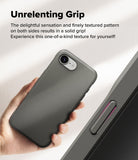 iPhone 16e Case | Onyx - Hand holding a textured dark gray phone case next to a close-up of its side grip pattern.