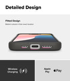 iPhone 16e Case | Onyx - Bottom view of a black phone case showing precise speaker and charging port cutouts with charging icons.