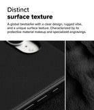 iPhone 16e Case | Onyx Magnetic - Close-up of a black textured phone case next to a rugged, dark stone-like surface.