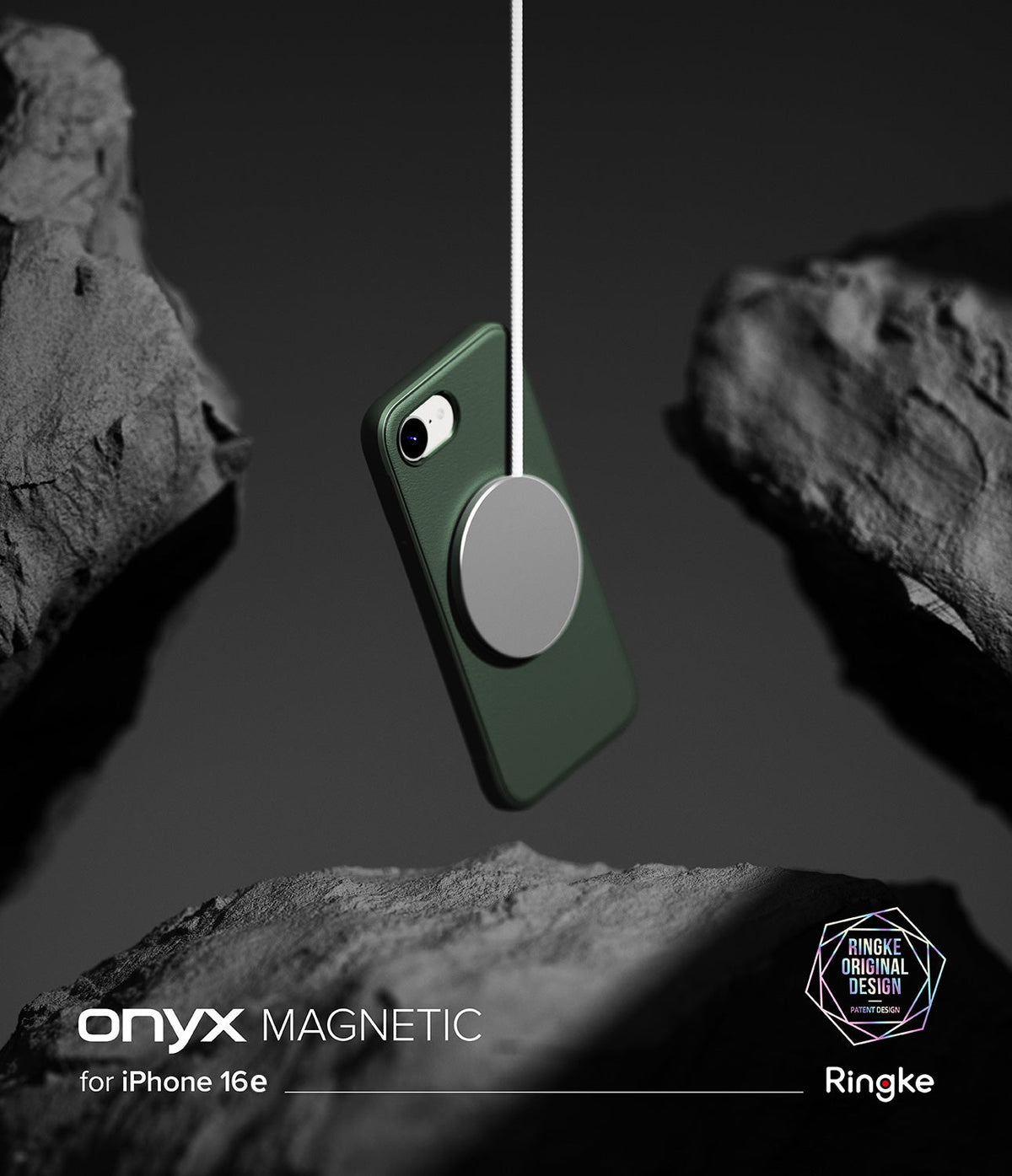 iPhone 16e Case | Onyx Magnetic - Dark green phone case suspended by a magnetic charger against a dark, rocky background.