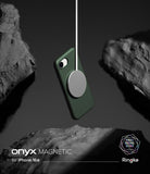 iPhone 16e Case | Onyx Magnetic - Dark green phone case suspended by a magnetic charger against a dark, rocky background.