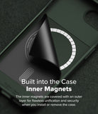iPhone 16e Case | Onyx Magnetic - Dark green phone case with a partially peeled inner layer revealing a circular magnetic array.