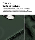 iPhone 16e Case | Onyx Magnetic - Close-up of a dark green phone case with a textured, rugged surface and side buttons.