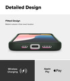 iPhone 16e Case | Onyx Magnetic - Dark green phone case showing precise bottom cutouts, wireless charging, and Apple Pay support.
