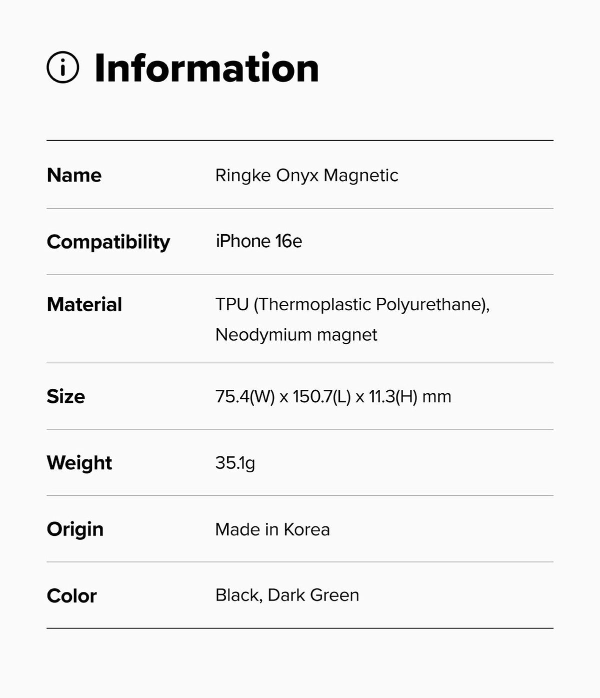 iPhone 16e Case | Onyx Magnetic - Information table listing product name, compatibility, material, size, weight, origin, and color.