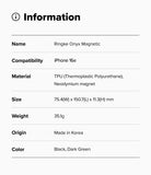 iPhone 16e Case | Onyx Magnetic - Information table listing product name, compatibility, material, size, weight, origin, and color.