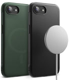 iPhone 16e Case | Onyx Magnetic - Dark green and black textured phone cases with a magnetic charger attached to the black one.