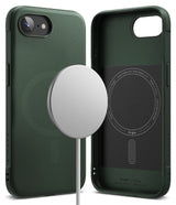 iPhone 16e Case | Onyx Magnetic - Dark green phone case shown from back and interior with a silver magnetic charger.
