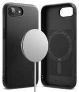 iPhone 16e Case | Onyx Magnetic - Black magnetic phone case shown from front and back with a circular magnetic charger.