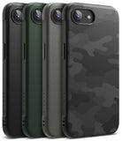 iPhone 16e Case | Onyx - Four iPhone 16e cases in black, green, gray, and black camo, shown from a rear-angle perspective.