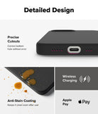 iPhone 16e Case | Silicone Magnetic - Black phone case showing precise port cutouts, anti-stain coating, and charging icons.