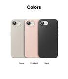iPhone 16e Case | Silicone Magnetic - Three silicone phone cases in stone, pink sand, and black arranged side-by-side.