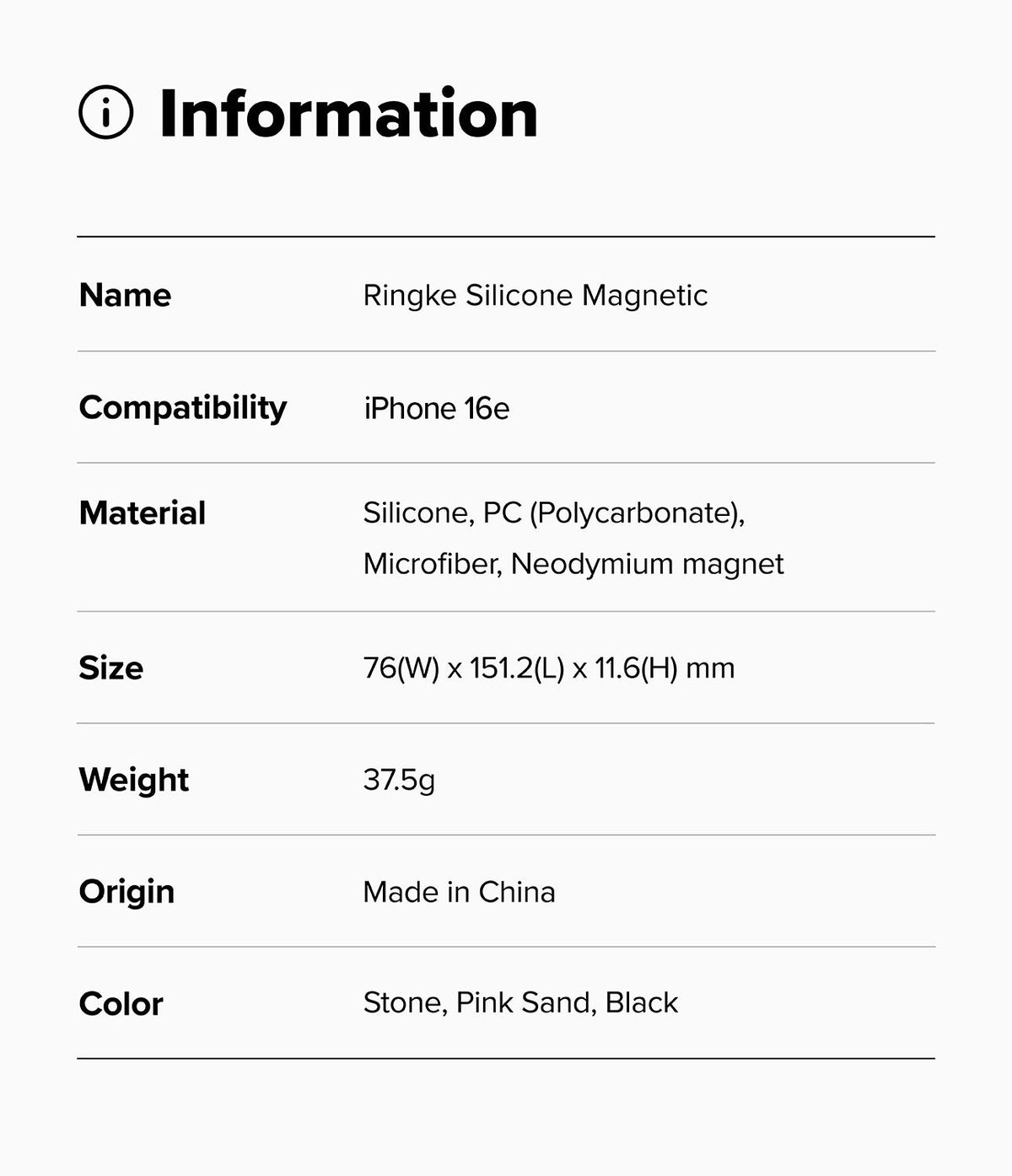 iPhone 16e Case | Silicone Magnetic - Information table listing product name, compatibility, materials, size, weight, and colors.