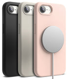 iPhone 16e Case | Silicone Magnetic - Three silicone phone cases in black, gray, and pink, with a magnetic charger attached.