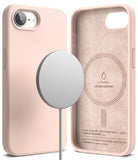 iPhone 16e Case | Silicone Magnetic - Light pink silicone case showing exterior camera cutout and interior suede lining with magnetic ring.