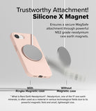 iPhone 16e Case | Silicone Magnetic - A pink phone case with a magnetic charger attached, compared to a charger falling away.