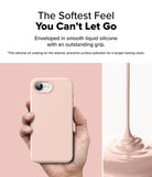 iPhone 16e Case | Silicone Magnetic - Hand holding a soft pink silicone phone case next to liquid silicone pouring.